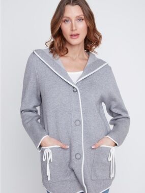 Jac Dale hooded grey cardigan with tie up details